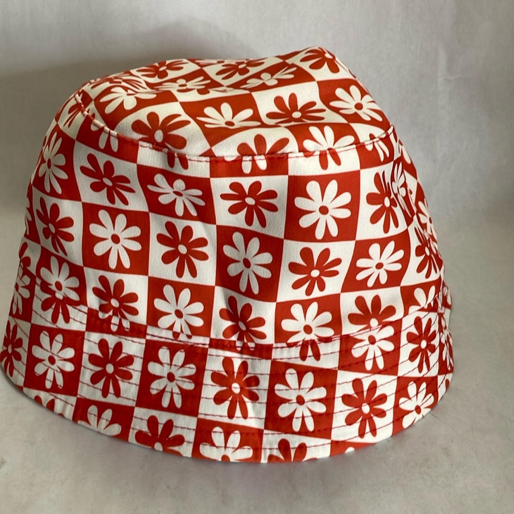 Bucket Hat in Red/Orange & White with Checker/flower Pattern, girls one size